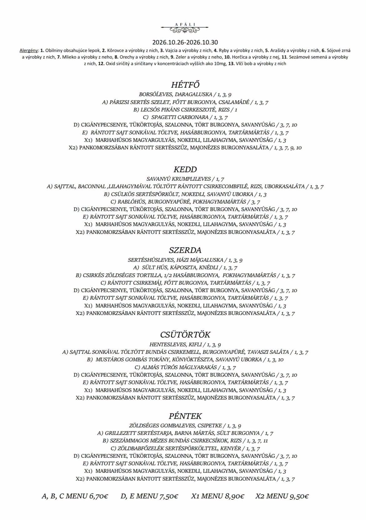 Apáli – eredeti HU heti menükép, 2026.10.26–30. / Pôvodný obrázok týždenného menu. Nem hivatalos bemutató.